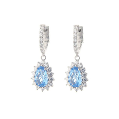 Sterling Silver Aqua Blue Cubic Zirconia Pear Pendant Huggie Hoop Earrings