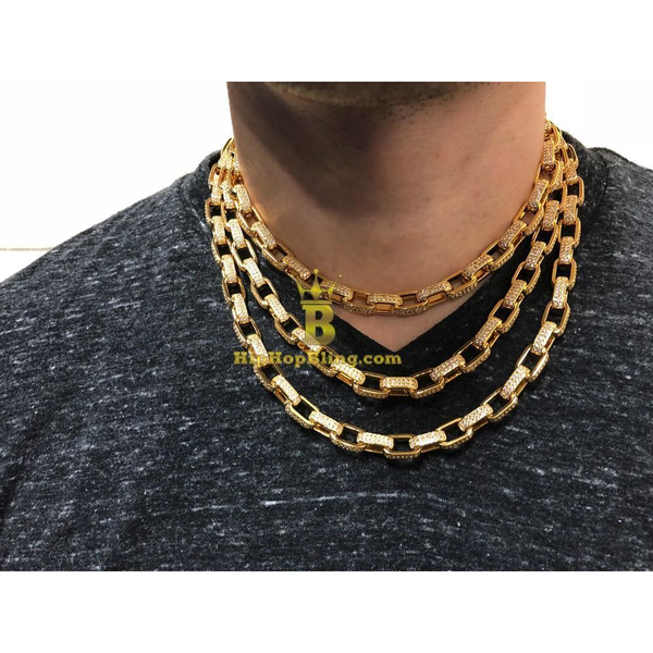 .925 Silver 3D Box Link CZ Bling Chain Gold Wrapped