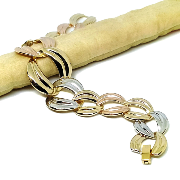 (1-0829-h5) Gold overlay Three Tone Round Link Bracelet, 7-1/2".
