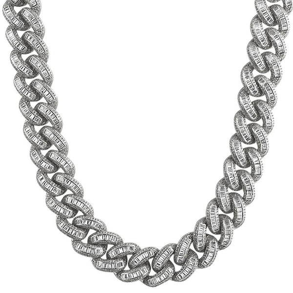 .925 Sterling Silver Baguette CZ 17MM Cuban Chain Rhodium