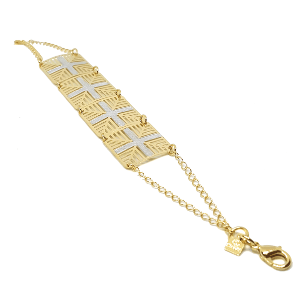 (1-0494-h6) Gold Overlay Two Tone Shield Link Bracelet.