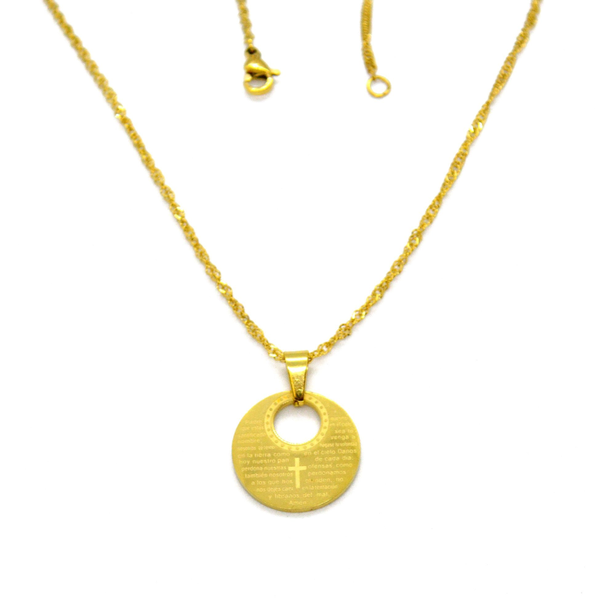 (4-2013-h9-3) Gold Plated Stainless Steel Padre Nuestro (Our Father) Round Pendant, 1".