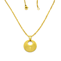 (4-2013-h9-3) Gold Plated Stainless Steel Padre Nuestro (Our Father) Round Pendant, 1".