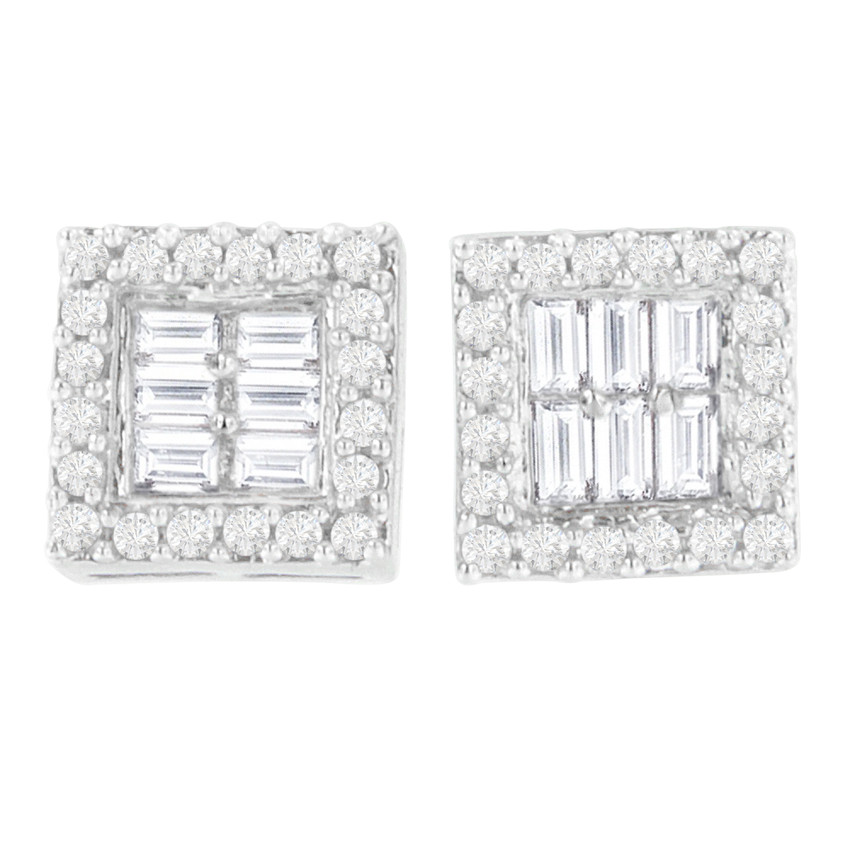 14k White Gold 1ct TDW Round and Baguette Diamond Stud Earrings(H-I,SI1-SI2)