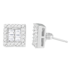 14k White Gold 1ct TDW Round and Baguette Diamond Stud Earrings(H-I,SI1-SI2)