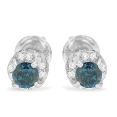 14k White Gold 1ct Treated Blue and White Round Cut Diamond Stud Earrings (I-J, I2-I3)