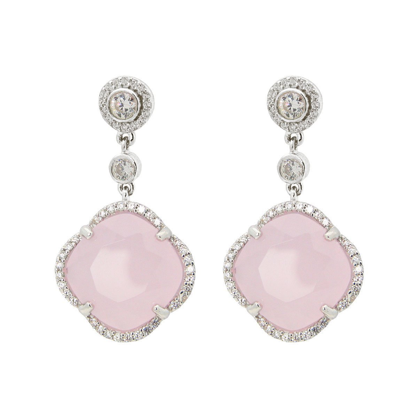 Women's Rose Zirconia Stone Clover Dangle Earrings CZ Border Rhodium Flashed Sterling Silver