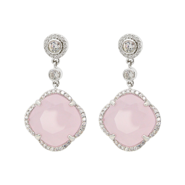 Women's Rose Zirconia Stone Clover Dangle Earrings CZ Border Rhodium Flashed Sterling Silver
