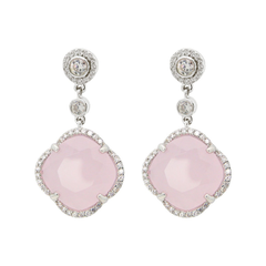 Women's Rose Zirconia Stone Clover Dangle Earrings CZ Border Rhodium Flashed Sterling Silver