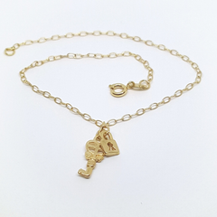 1-0151-h2 Gold Overlay Lock and Key Charm Anklet, 10"