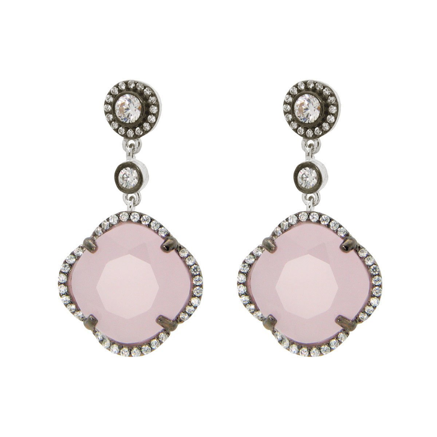 Women's Rose Zirconia Stone Clover Dangle Earrings CZ Border Black Rhodium Flashed Sterling Silver