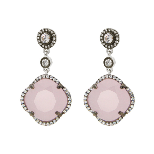 Women's Rose Zirconia Stone Clover Dangle Earrings CZ Border Black Rhodium Flashed Sterling Silver