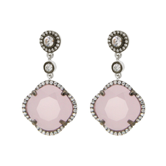 Women's Rose Zirconia Stone Clover Dangle Earrings CZ Border Black Rhodium Flashed Sterling Silver