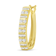 10k Yellow Gold 1 CTW Round and Baguette Diamond Hoop Earrings(I-J, I2-I3)