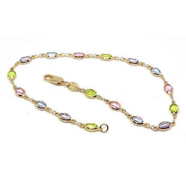 1-0124-h7 18kt Brazilian Gold Filled Oval Multicolor Stones Anklet. 10" length, 5.5mm wide.