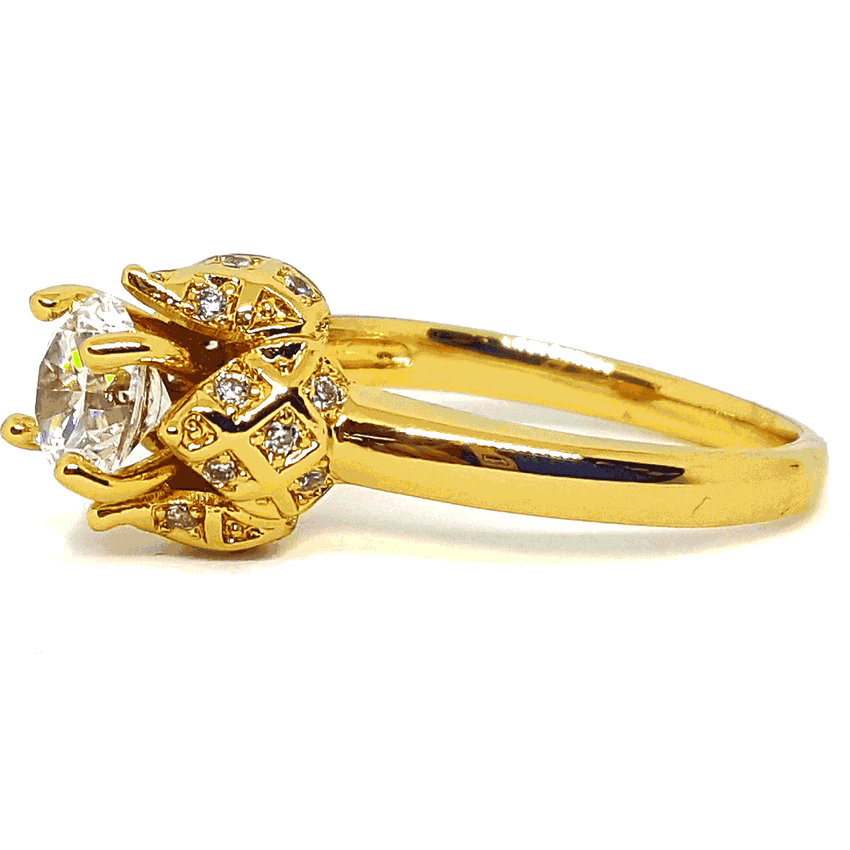 (MRIN-618-H6-4) 18kt Gold Overlay Rose Design Solitaire Ring.