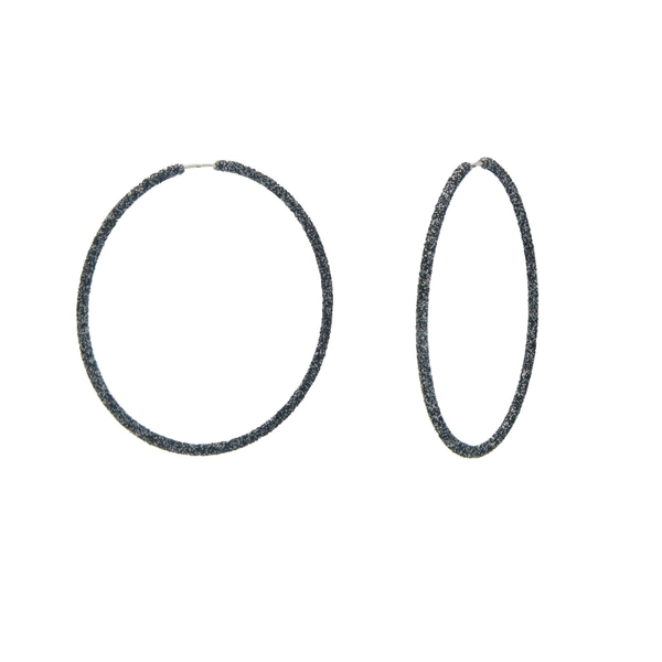 Sparkling Glitter Black Silver Hoop Earrings, 40mm