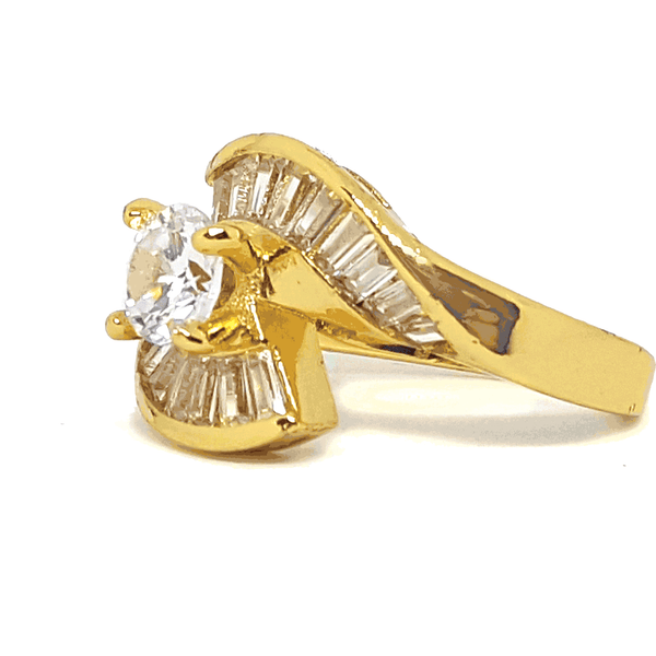 (1-3097-h6) Gold Overlay CZ Solitaire Ring with Baguette Accents.