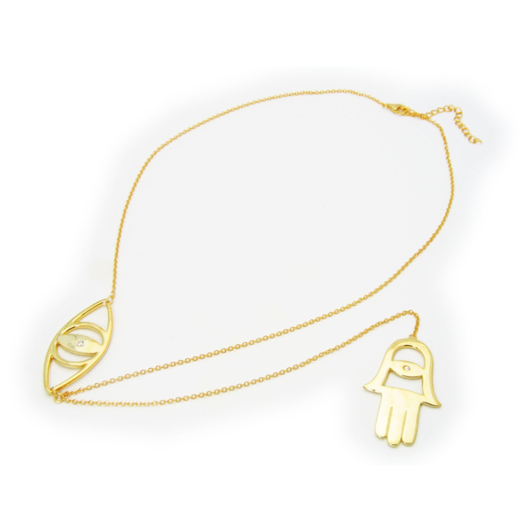 Evil Eye and Hamsa Charm lariat Necklace in 18k Gold Plated Sterling, 18"+ 7" Extender