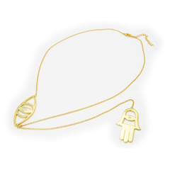 Evil Eye and Hamsa Charm lariat Necklace in 18k Gold Plated Sterling, 18"+ 7" Extender