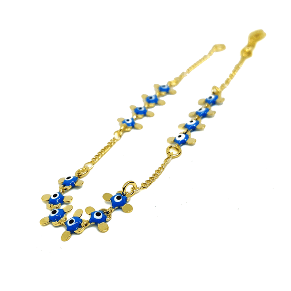 (1-0667-h6) Gold Overlay Light Blue Evil Eye Bracelet.