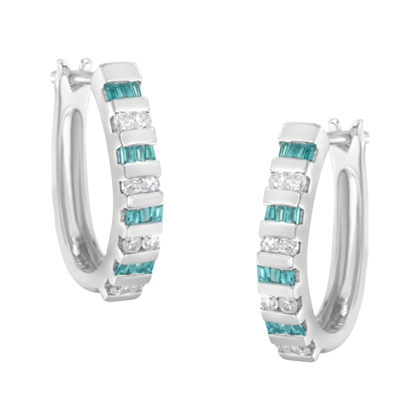 10k White Gold .50 CTW Blue and White Diamond Hoop Earrings(I-J, I2-I3)